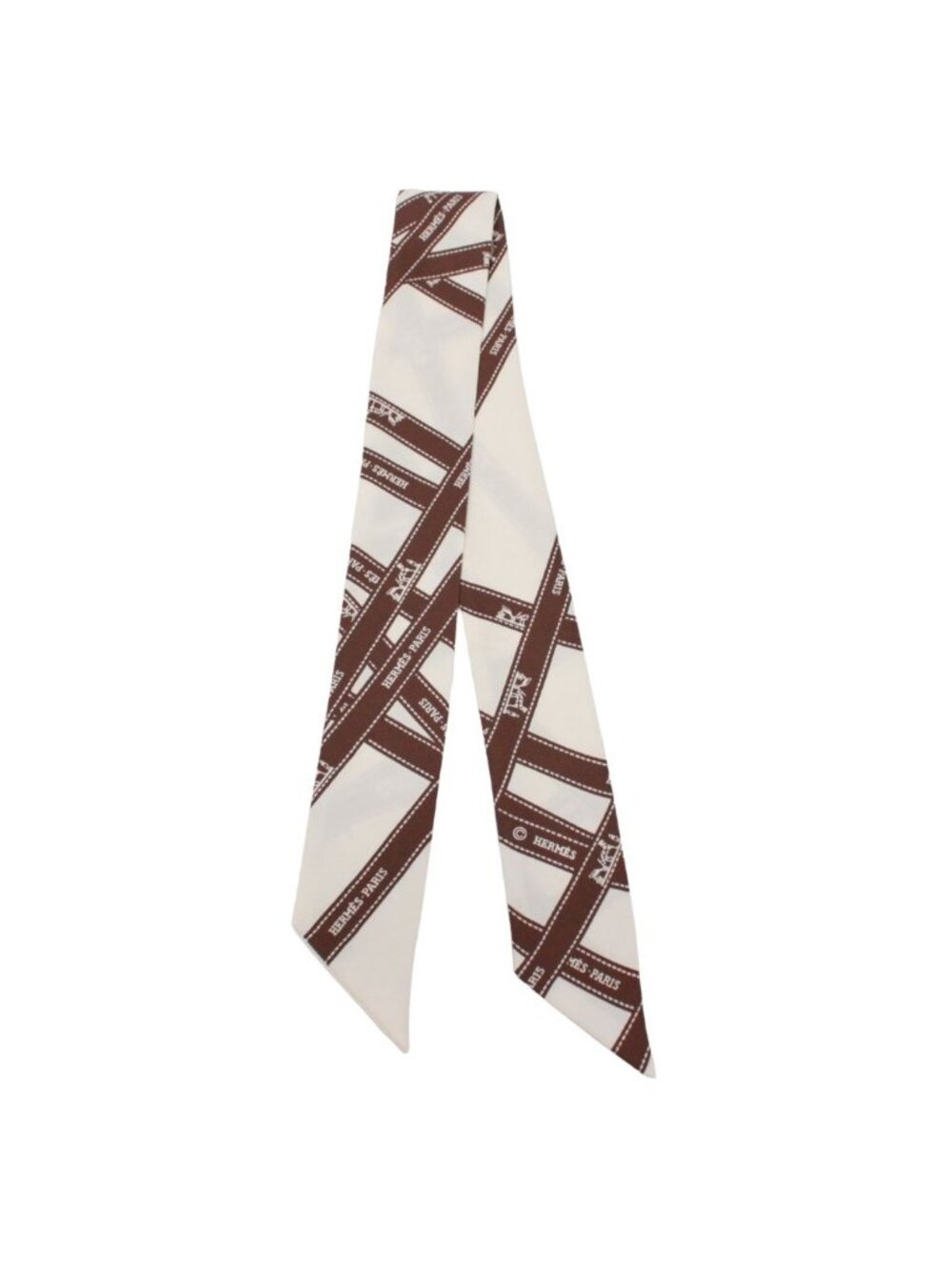 Hermes Twilly Bolduc Silk Ivory Brown Scarf - Picture 2 of 6
